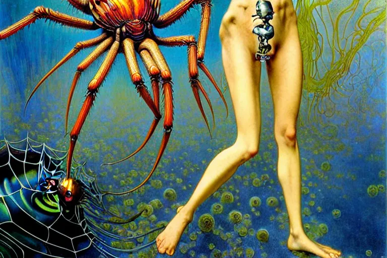 Prompt: realistic extremely detailed portrait painting of a fully dressed woman with a giant spider, futuristic sci-fi landscape on background by Jean Delville, Amano, Yves Tanguy, Alphonse Mucha, Ernst Haeckel, Edward Robert Hughes, Rolf Armstrong, rich moody colours, blue eyes