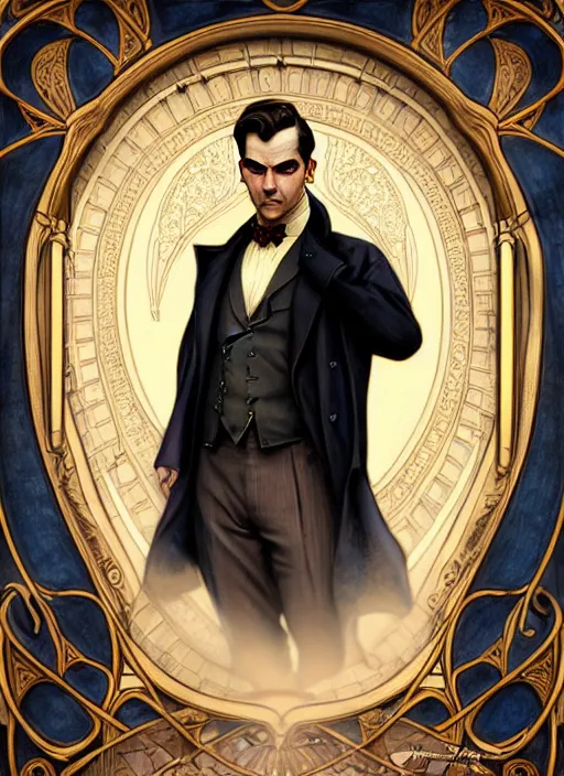 Image similar to an art nouveau, victorian male detective portrait in the style of charlie bowater, and in the style of donato giancola, and in the style of charles dulac. very large, clear, expressive, intelligent eyes. symmetrical, centered, ultrasharp focus, dramatic lighting, photorealistic digital painting, intricate ultra detailed background.