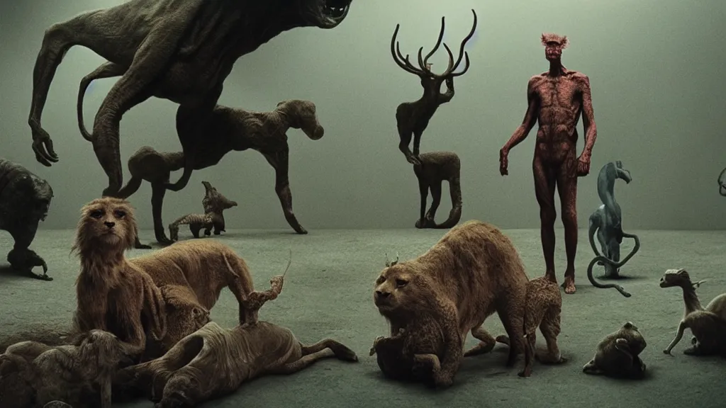 Image similar to hypercube four dimensional man, surrounded by animals, film still from the movie directed by denis villeneuve and david cronenberg with art direction by salvador dali and zdzisław beksinski, wide lens