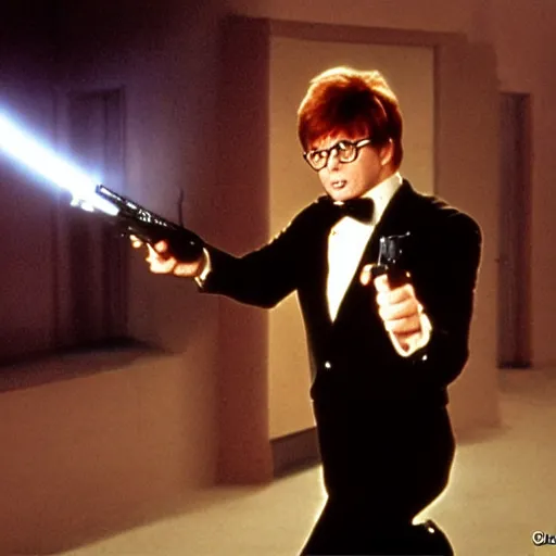 Image similar to austin powers shooting an ak - 4 7, photography, movie,