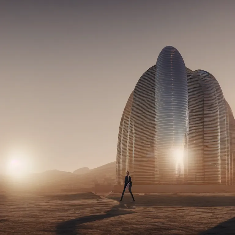 Prompt: photo by josh pierce and prateek vatash and roman bratschi, a giant futuristic smooth sleek shiny refletive art decco revival style mars habitat palace, backlit, long shadows, golden hour, blowing dust, atmospheric haze, vignette, lens flare, dramatic, 4 d, 4 k, ray tracing reflections, volumetric lighting and shadows,