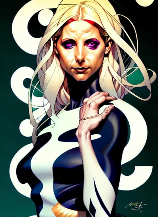 Image similar to artgerm, joshua middleton comic cover art, pretty sarah michelle gellar superhero, very pale white skin, asymmetrical black spot covering left eye only, no spot right eye white around right eye