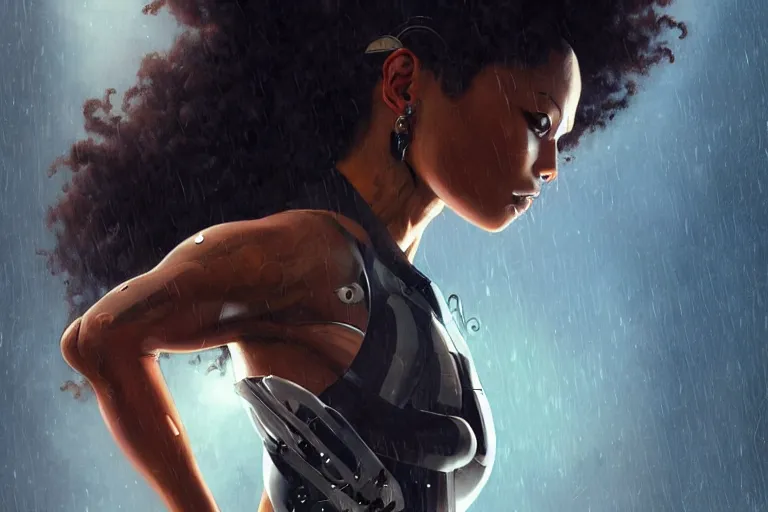 Image similar to cyborg hacker normani as aeon flux profile picture by greg rutkowski, dynamic pose, intricate, futuristic, fantasy, elegant, by stanley artgerm lau, greg rutkowski, thomas kindkade, alphonse mucha, loish, norman rockwell, metal chrome, shiny, rainy day, asymmetric, long afro hair, wires,