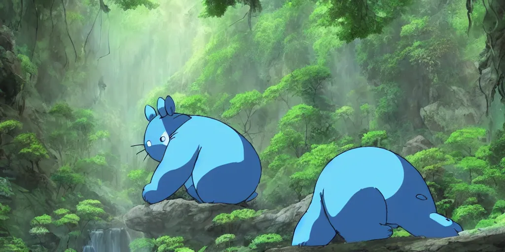 Image similar to blue bear shaped like totoro looking into large cave entrance in a lush forest with waterfalls, beautiful ambiance, studio ghibli style, by hayao miyazaki, sharp focus, highly detailed, 4k