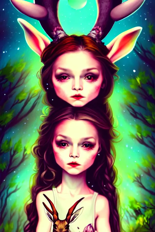 Prompt: a little girl holding a jackalope, in a forest, at night, full moon, fantasy, portrait, whimsical, vibrant colors, digital painting in the style of jasmine becket griffith and charlie bowater, trending on artstation, detailed