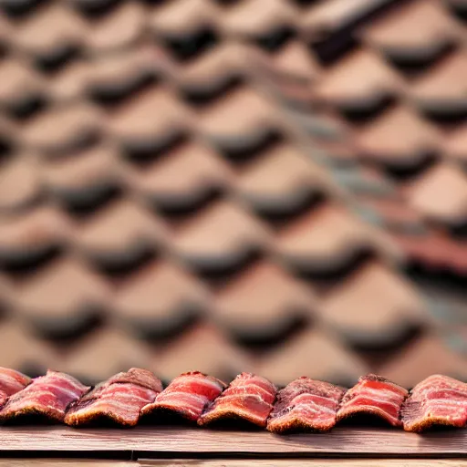 Image similar to a close - up photo of a farmhouse with walls and roof made of bacon, bokeh