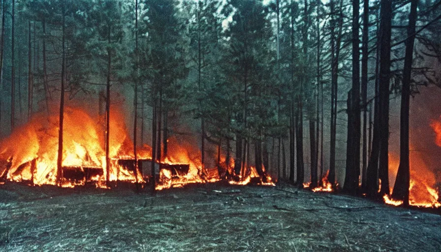 Image similar to 1 9 7 0 s movie still of a burning house in a pine forest, cinestill 8 0 0 t 3 5 mm, high quality, heavy grain, high detail, texture, dramatic light, ultra wide lens, panoramic anamorphic, hyperrealistic,