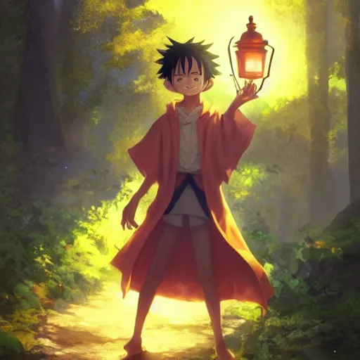 Prompt: concept art painting of an anthropomorphic luffy wearing a yellow cloak, holding a lantern, in the deep forest, realistic, detailed, cel shaded, in the style of makoto shinkai and greg rutkowski and james gurney