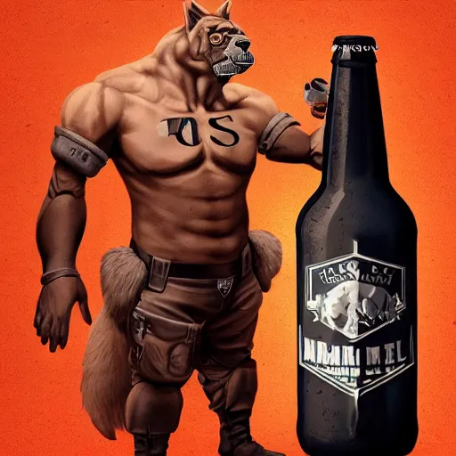 Image similar to a humanoid german shepherd beast - man in military style, holding a bottle of beer, artstation, concept art, smooth, sharp foccus ilustration, artstation