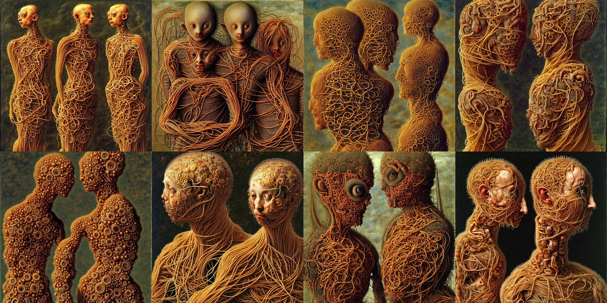 Prompt: siamese twins made of spaghetti, intricate and elegant armor made of fractals of spagetthi, highly detailed, by giuseppe arcimboldo and ambrosius benson, renaissance, romanticism, intricate and intense oil paint, a touch of beksinski, realistic