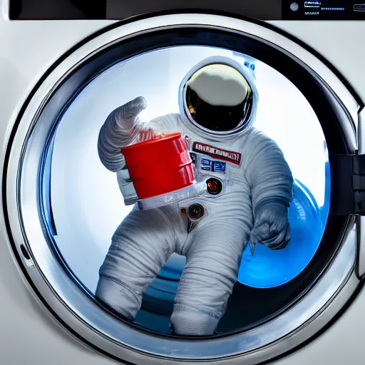 Prompt: Photograph of a terrified toy astronaut being washed in a washing machine. 8k resolution.