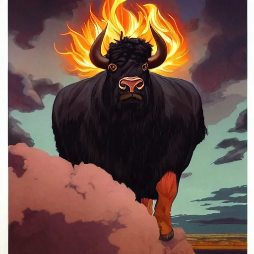 Prompt: Joshua Middleton comic art, A large black bison with fiery eyes, Bison God, Ancient, a scene from the TV show, American Gods