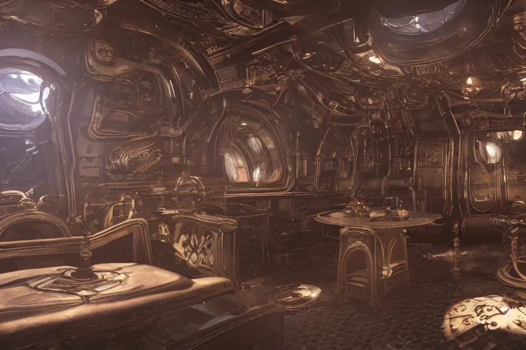 Image similar to baroque steampunk spaceship interior, viewport, commander's deck made of bone, rendered in unreal engine 5, cryengine, arnold and zbrush, epic lighting