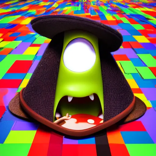 Prompt: a madhatter looking through an M shaped hole directly at the camera, pixar animations. 3D, spooky, funny, cute, tartan hat, 16k resolution, looney tunes