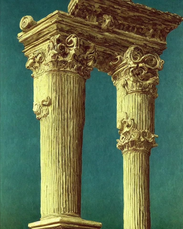 Image similar to achingly beautiful painting of intricate ancient roman corinthian capital on jade background by rene magritte, monet, and turner. giovanni battista piranesi.