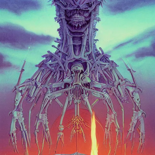 Image similar to space temple to death god, colorful, distant view, night sky, torches light, eerily beautiful, skeletal architecture, maximalist, awe inspiring, foreboding, ominous, miyazaki style, junji ito style, nausicaa, beksinski, studio ghibli, precise lines, bones , 8k, epic composition, cinematic, artstation, golden ratio,