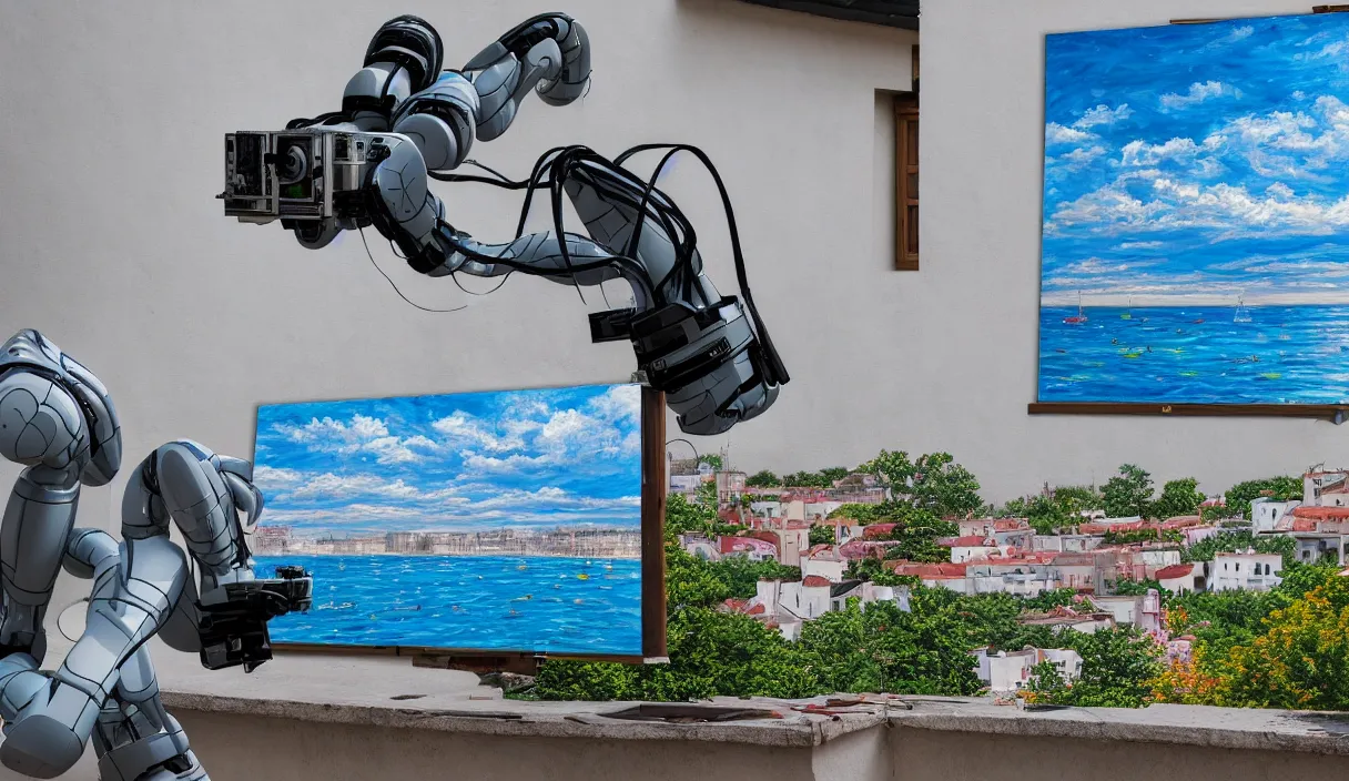 Image similar to an high resolution photo of a robot paiting a picture on a terrace over the see, hyper detailed, phoyography, realistic, art, 8 k, unreal engine, cinematic, shallow focus, f 2. 8 3 5 mm, kodak film, 3 5 mm film