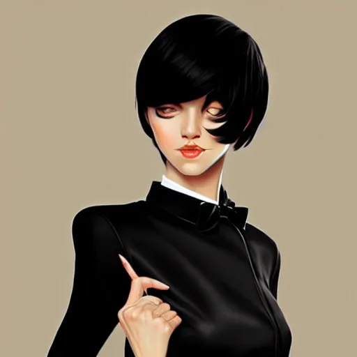 Image similar to slim girl in tuxedo with short black hair, elegant, 2d, ultra highly detailed, digital painting, smooth, sharp focus, artstation, art by Ilya Kuvshinov