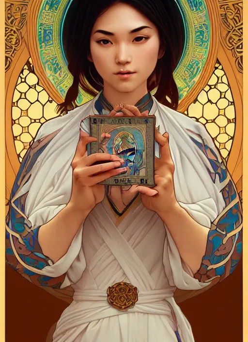 Image similar to A beautiful female monk, highly detailed, digital painting, smooth, sharp focus, symmetrical tarot illustration, art by artgerm and alphonse mucha, high definition digital art, in the style of Ross tran and ilya kuvshinov