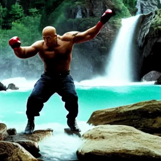 Image similar to Vin Diesel punching an alien wearing a Sombrero in the face, in front of a waterfall