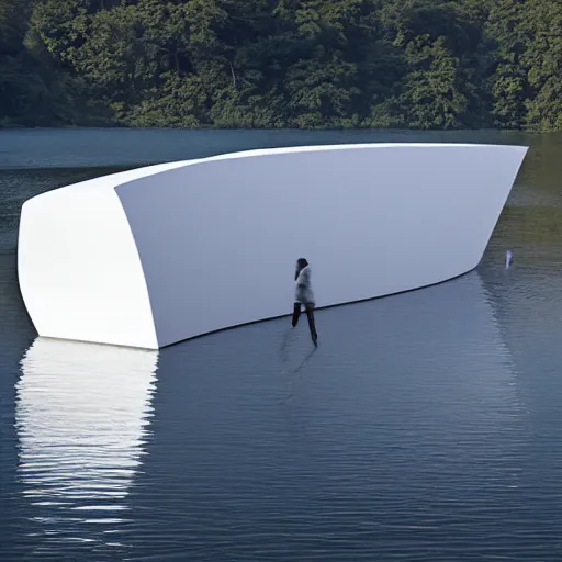 Prompt: a building formed by the fusion of many white egg shaped spaces, on the calm lake, from the perspective of people, with the design of shimajima and mvrdv