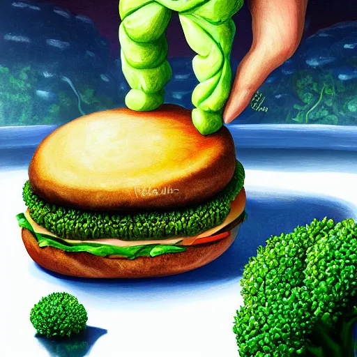 Image similar to a cat man eats a multilayer vegetarian broccoli burger, highly detailed, digital painting, sharp focus, fantasy art