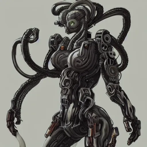 Image similar to a mech version of asian medusa, with a septum nose ring piercing, very symmetrical, highly detailed, by vitaly bulgarov, by joss nizzi, by ben procter, by steve jung, concept art, quintessa, metal gear solid, transformers cinematic universe, concept art world, pinterest, artstation, unreal engine