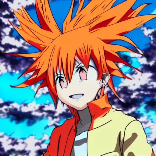 Image similar to orange - haired anime boy, 1 7 - year - old anime boy with wild spiky hair, wearing red jacket, running past colorful building, red - yellow - blue colored building, turquoise aquamarine windows, strong lighting, strong shadows, vivid hues, ultra - realistic, sharp details, subsurface scattering, intricate details, hd anime, 2 0 1 9 anime