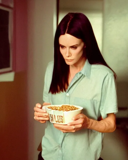 Image similar to 2 0 years old courtney cox eating cereal in her boyfriend's shirt, redshift, colour shift, wide shot, coloured polaroid photograph, pastel, kodak film, hyper real, stunning moody cinematography, by maripol, fallen angels by wong kar - wai, style of suspiria and neon demon, david hockney, detailed, oil on canvas