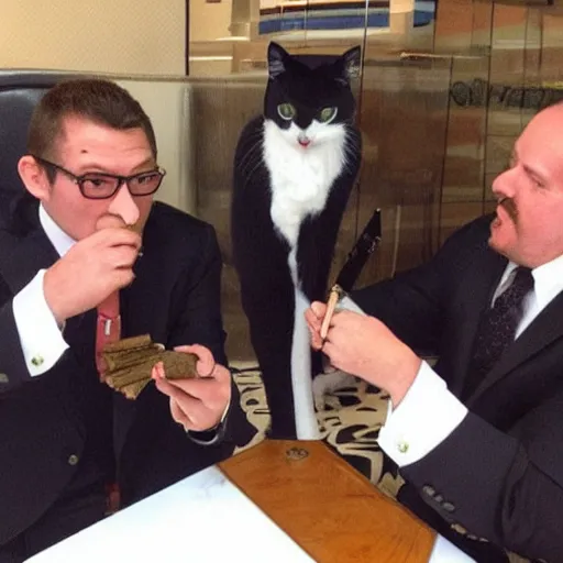 Image similar to cats in suits making business deals and smoking fat cigars