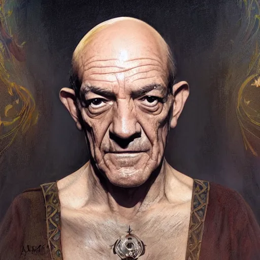 Image similar to portrait of Hector Salamanca as Lucifer, elegant, intricate, headshot, highly detailed, digital painting, artstation, concept art, sharp focus, illustration, art by artgerm and greg rutkowski and alphonse mucha