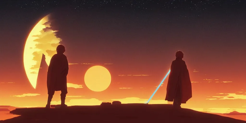 Prompt: luke skywalker looking to the horizon of tatooine, there are two suns in th sunset sky, vibrant highlights sharp contrast trending pixiv fanbox by alex ross by victo ngai james gurney makoto shinkai takashi takeuchi studio ghibli