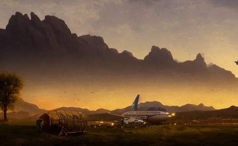 Image similar to modern airport in a field, close up shot, rocky, at dusk, distant mountains, 4k, rule of thirds, extreme detail, hazy, intricate ink illustration, surreal, surrealist, trending on artstation, cgsociety, hd, calm, complimentary colours, realistic lighting, by Albert Bierstadt, Frederic Edwin Church.