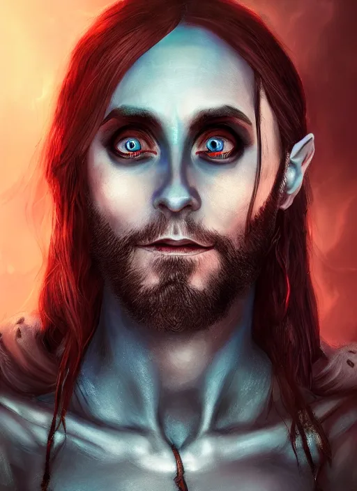 Image similar to A fantasy comic book style portrait painting of Jared Leto as a dark elf, unreal 5, DAZ, hyperrealistic, octane render, RPG portrait, ambient light, dynamic lighting