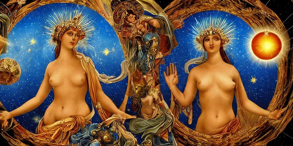 Prompt: majestic neorococo sistina saint Woman Venus godness Athena beautiful gracious pagans marble and gold in space stars clouds doves suns butterflies greeks, coerent body and face, bioluminescent skin