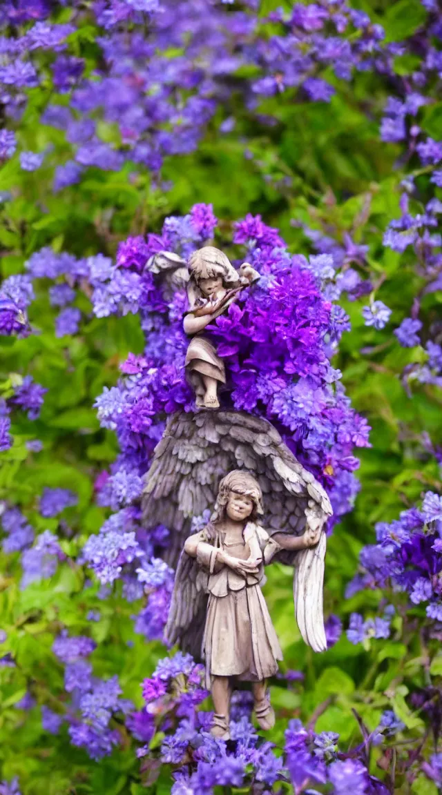 Image similar to tiny biblical angel in a garden, hyper detailed, sharp focus, bokeh, unreal engine, ray tracing, cute, fantasy, sci fi, purple flowers, blue flowers, violet flowers, glowing flowers, tiny, small, hyper realistic, sky, spinning rings with eyes, many eyes, rings of fire, biblical