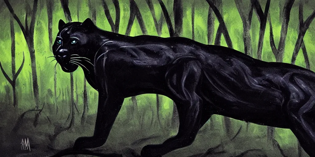 Image similar to a panther, made of smooth black goo, prowling through the forest, viscous, sticky, full of tar, covered with black goo. concept art, painting, animal drawing, color, savanna, wildlife photography, black goo, cinematic, in the style of alan m hunt