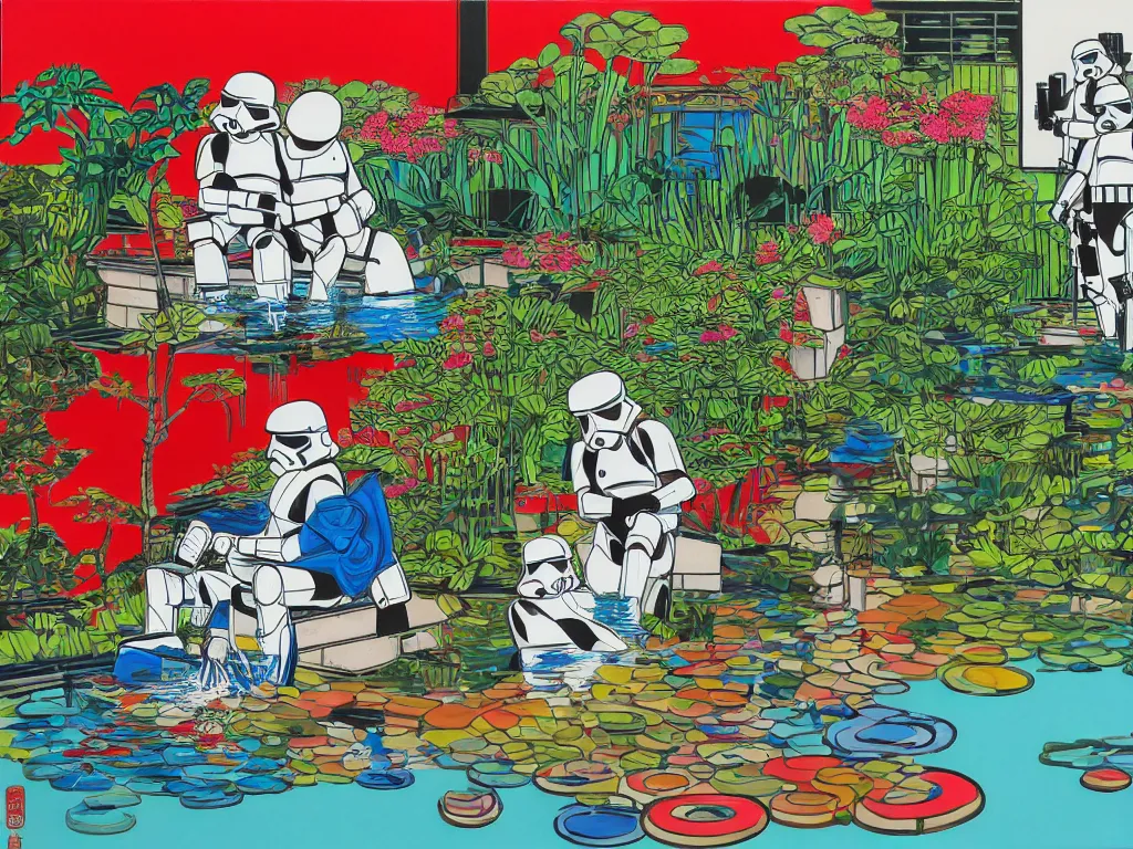 Image similar to detailed composition of the japanese home with a garden and a pond, 2 stormtroopers sitting around it, pop - art style, jacky tsai style, andy warhol style, rich palette, acrylic on canvas