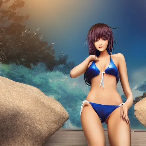 Image similar to beautiful anime woman, photo realistic, futuristic, in a bikini