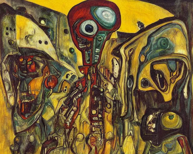 Image similar to a painting of a aliens and robots by graham sutherland, egon schiele, expressionism