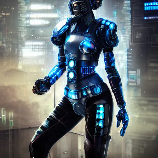 Image similar to An epic fantastic ultrarealism comic book style portrait painting of a female cyberpunk armor fighter, black and blue silver color armor, cyberpunk feel raining at tokyo rooftop, Concept world Art, unreal 5, DAZ, 8k, hyperrealistic, octane render, cosplay, RPG portrait, dramatic lighting, rim lights