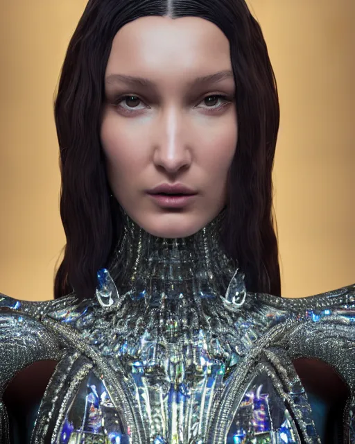 Prompt: a highly detailed metahuman 4 k close up render of a bella hadid as techno monument renaissance in iris van herpen dress schiaparelli in diamonds crystals swarovski and jewelry iridescent in style of alphonse mucha gustav klimt trending on artstation made in unreal engine 4
