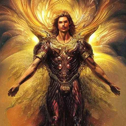 Image similar to full muscular body male made of gemsl with golden feathers ,thunder, shining light, nebulas, god rays by Karol Bak, Ayami Kojima, Amano