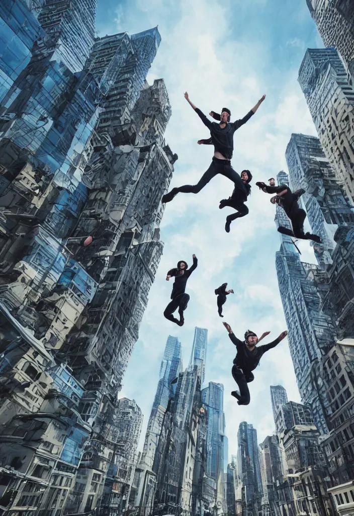 Image similar to multiple people jumping from buildings, futuristic city, street view, detailed, hyper realistic, dramatic