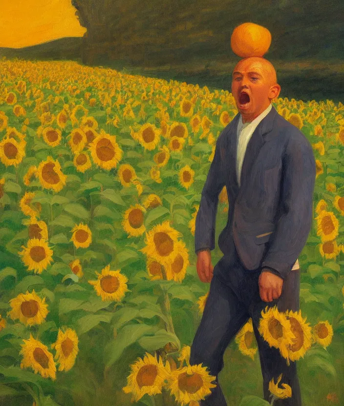Prompt: a portrait painting of a man in an oranger prisoner overall, standing in beautiful sunflower field, screaming and sad, highly detailed, aesthetic stars in the sky, in the style of edward hopper, very fine brush strokes, 4 k,