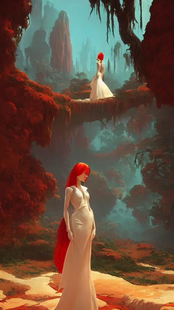 Image similar to a mysterious woman with red hair and white gown, DMT imagery, Octane render, PBR, path tracing. subsurface scattering. By Syd Mead and Tyler Edlin and Paul Lehr and Albert Bierstadt