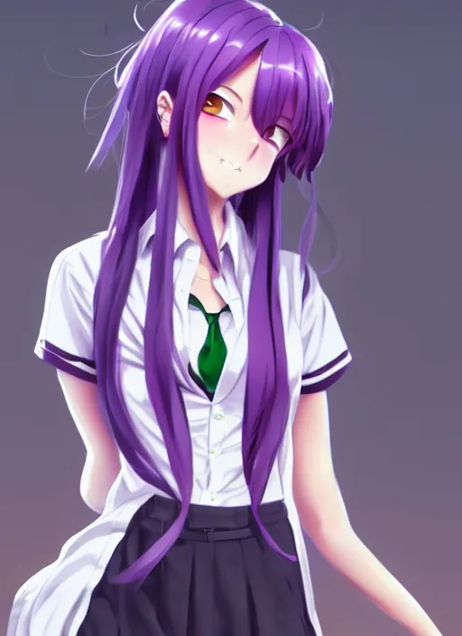 Prompt: girl with purple hair gathered in two tails with green eyes in a school uniform with vig breasts drinks cofee, anime style, love live style, elegant, highly detailed, digital painting, artstation, concept art, smooth, sharp focus, illustration, art by yihao ren