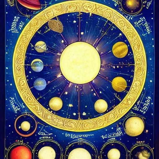 Image similar to a beautiful cosmos of celestial bodies in the style of illuminated manuscript, extremely detailed, trending on artstation