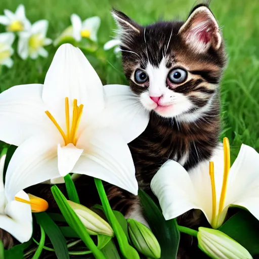 Prompt: A cute but sad kitten holding lilies in its mouth, 4k, award wining photo