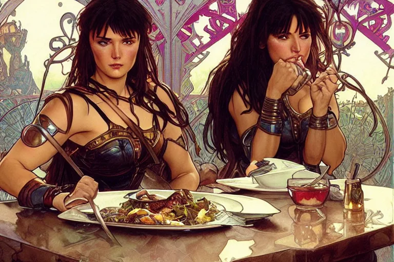 Prompt: xena warrior princess eating at a restaurant with a hispanic man art by artgerm and greg rutkowski and alphonse mucha